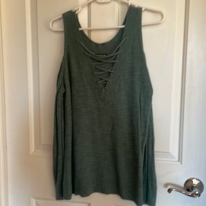 Jade color Express cold shoulder sweater.